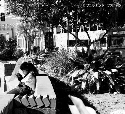 Person sitting on a bench in a park, surrounded by greenery and urban scenery.