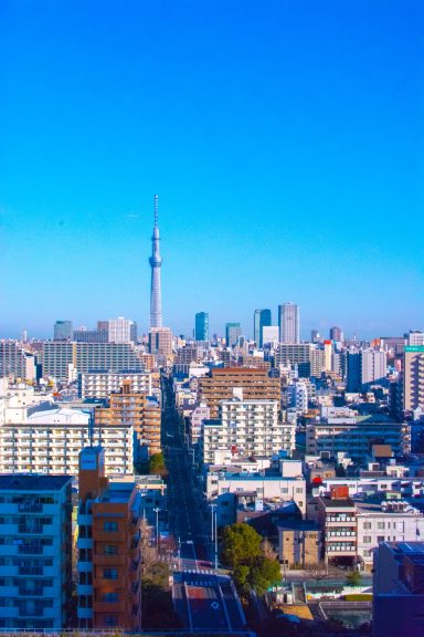 Cityscape of Tokyo with Tokyo Skytree towering above urban buildings under a blue sky.